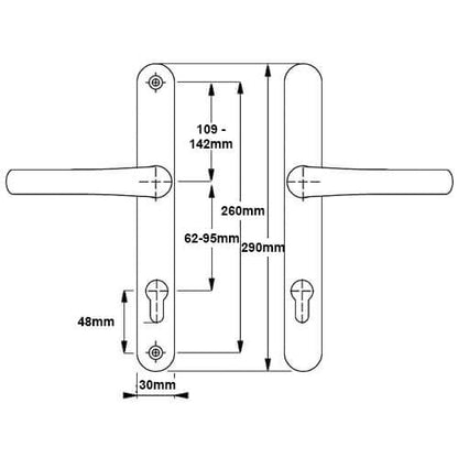 Lever UPVC Multipoint Adjustable Door Handles - 62-95mm PZ Sprung 260mm Screw Centres