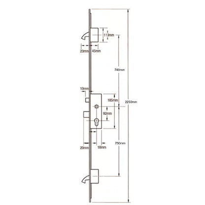 Latch Deadbolt 2 Hooks 24mm U-Rail Faceplate Multipoint Door Lock - Option 1 (top hook to spindle = 740mm)