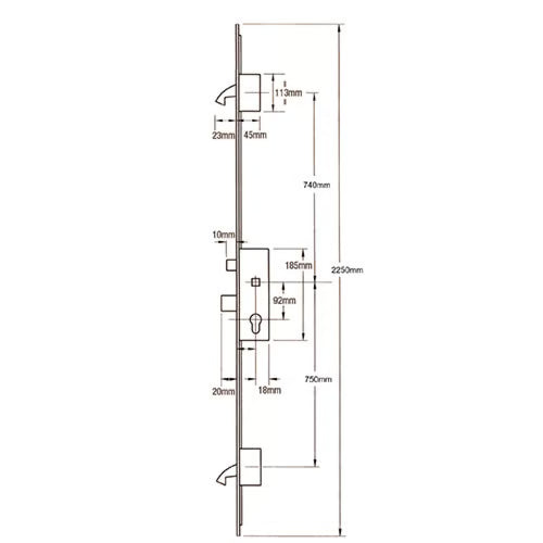 Latch Deadbolt 2 Hooks 24mm U-Rail Faceplate Multipoint Door Lock - Option 1 (top hook to spindle = 740mm)