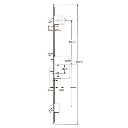 Latch Deadbolt 2 Hooks 24mm U-Rail Faceplate Multipoint Door Lock - Option 2 (top hook to spindle = 590mm)