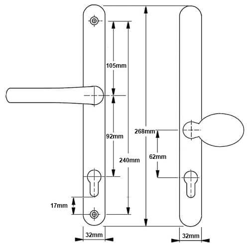 Lever Moveable Pad UPVC Multipoint Door Handles - 92mm/62mm PZ Sprung 240mm Screw Centres