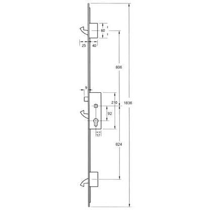 YS170 Latch 3 Hooks 20mm Square Faceplate Multipoint Door Lock - Option 2 (top hook to spindle = 806mm