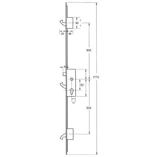 YS170 Latch 3 Hooks 20mm Round Faceplate Multipoint Door Lock - Option 2 (top hook to spindle = 806mm)