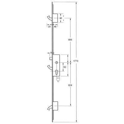YS170 Latch 3 Hooks 20mm Round Faceplate Multipoint Door Lock - Option 2 (top hook to spindle = 806mm)