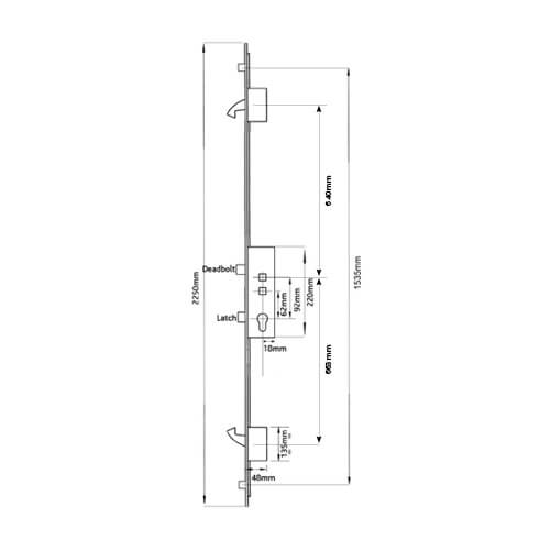 Latch Deadbolt 2 Hooks 2 Rollers Double Spindle Multipoint Door Lock (top hook to spindle = 640mm)