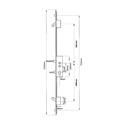 Latch Deadbolt 2 Hooks Double Spindle Multipoint Door Lock (top hook to spindle = 645mm) - Shootbolt Compatible