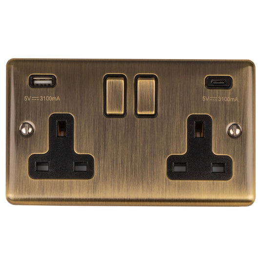 13Amp 2 Gang switched socket with 3.1Amp USB A+C