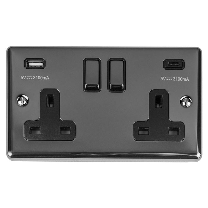 13Amp 2 Gang switched socket with 3.1Amp USB A+C