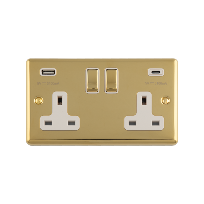13Amp 2 Gang switched socket with 3.1Amp USB A+C
