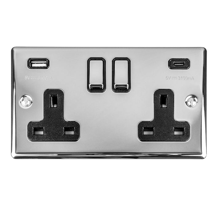 13Amp 2 Gang switched socket with 3.1Amp USB A+C