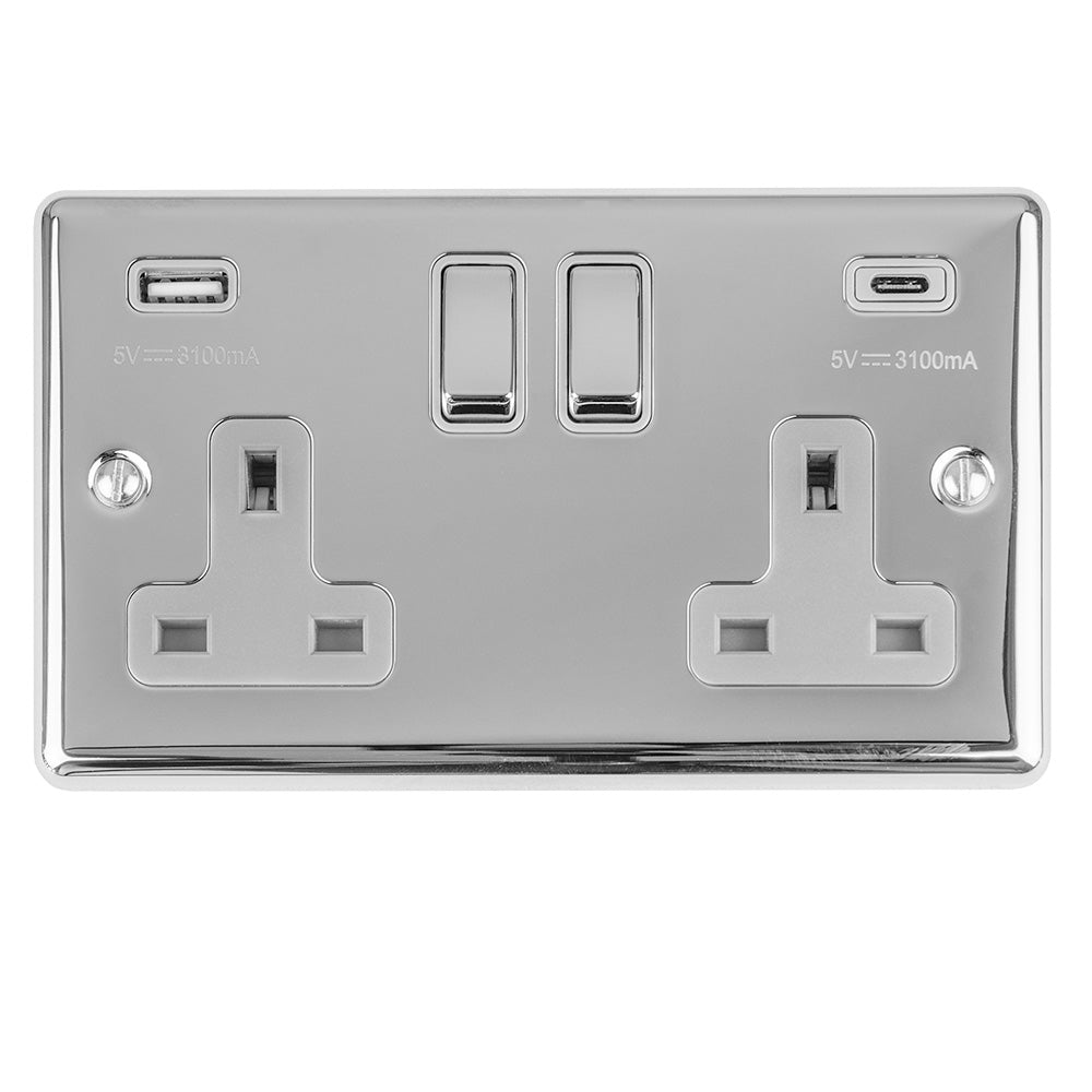13Amp 2 Gang switched socket with 3.1Amp USB A+C