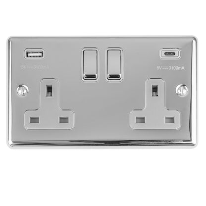 13Amp 2 Gang switched socket with 3.1Amp USB A+C