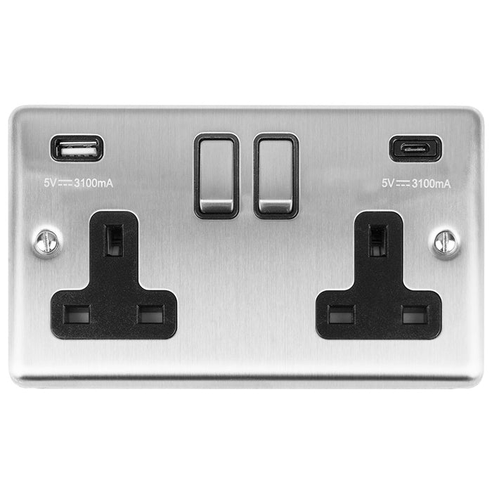 13Amp 2 Gang switched socket with 3.1Amp USB A+C