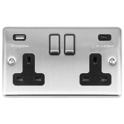13Amp 2 Gang switched socket with 3.1Amp USB A+C