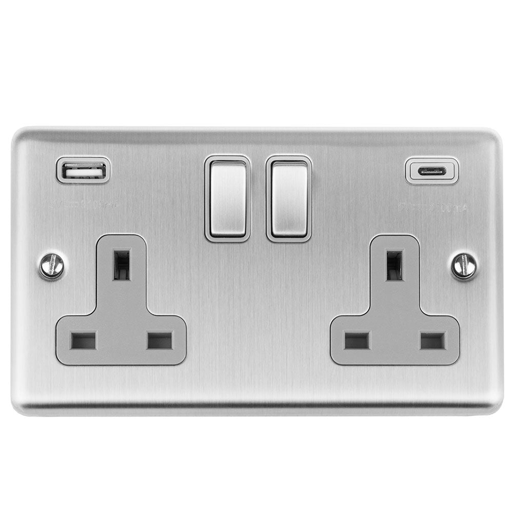 13Amp 2 Gang switched socket with 3.1Amp USB A+C