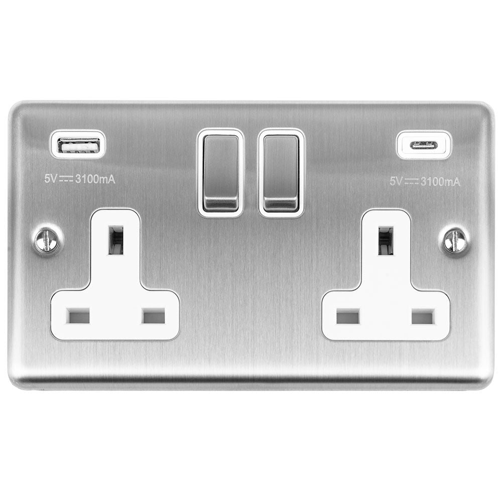 13Amp 2 Gang switched socket with 3.1Amp USB A+C
