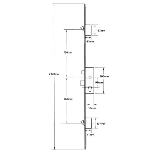 859 Type 4 Latch Deadbolt 2 Hooks Split Spindle Multipoint Door Lock - 16mm Faceplate (top hook to spindle = 730mm)