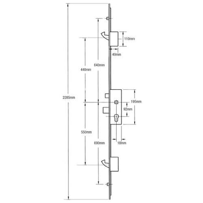 Latch Deadbolt 2 Hooks 2 Outboard Rollers Split Spindle Multipoint Door Lock (top hook to spindle = 440mm)