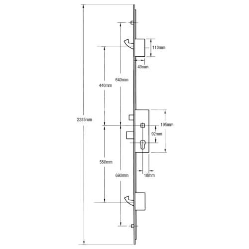 Latch Deadbolt 2 Hooks 2 Outboard Rollers Split Spindle Multipoint Door Lock (top hook to spindle = 440mm)