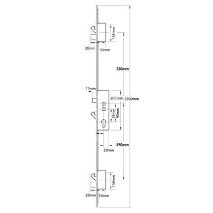 2 Latch 3 Hooks 2 Deadbolts Double Spindle Multipoint Door Lock - Option 1 - 16mm Faceplate