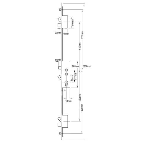 1 Latch 3 Hooks 2 Deadbolts 2 Rollers Double Spindle Multipoint Door Lock