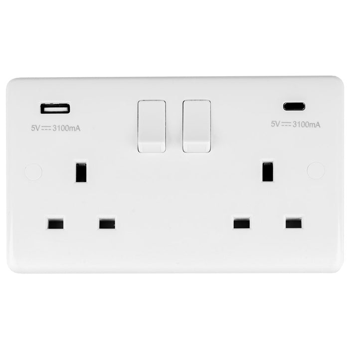13Amp 2 Gang Switched Socket with USB A+C