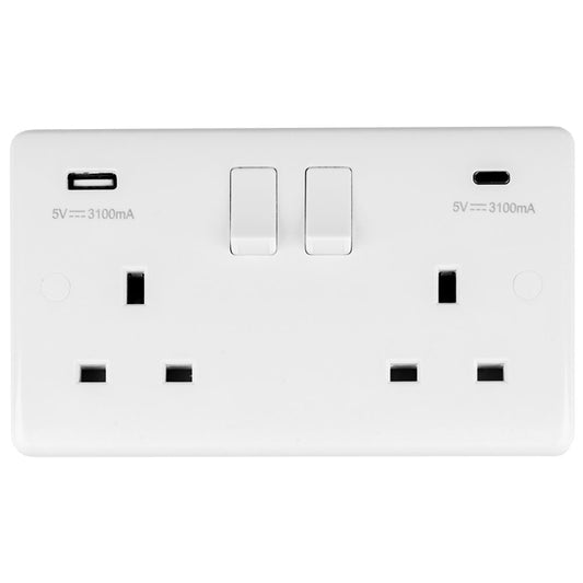 13Amp 2 Gang Switched Socket with USB A+C