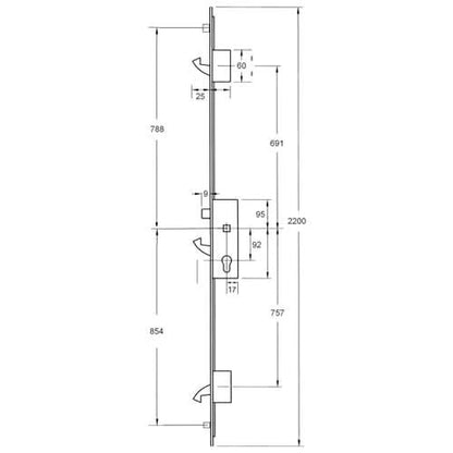YS170 Latch 3 Hooks 2 Rollers 16mm Square Faceplate Multipoint Door Lock - 2200mm