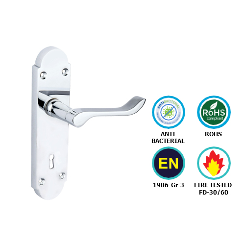 Alternative view of Shaped Scroll Lock Furniture (Carisbrooke) To En1906 (Pt3)  Electro Brass Set
