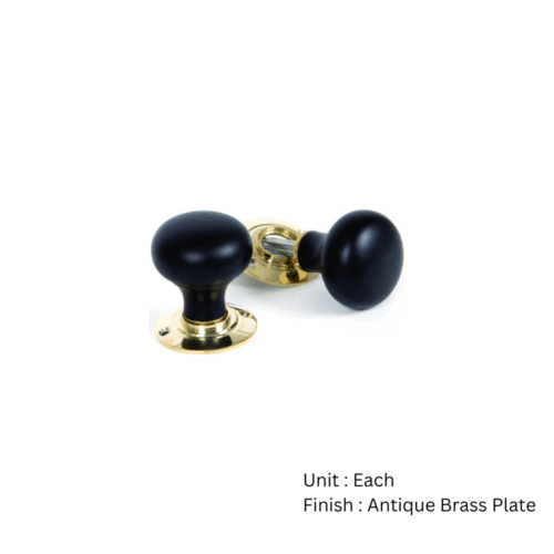 Alternative view of Ebony Bun Wooden Mortice Knob  55mm Antique Brass Plate Set