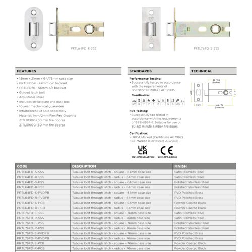 Project Tubular Latch 64mm Radius Forend Heavy Duty Internal Door Latch Smooth Reliable Operation Durable Hardware 5 prtl64fd DATASHEET 1