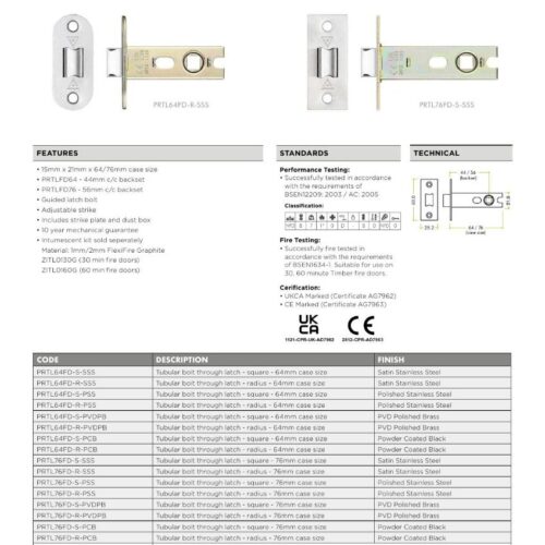 Project Tubular Latch 76mm Radius Forend Heavy Duty Internal Door Latch Smooth Reliable Operation Durable Hardware 5 prtl64fd prtl76fd datasheet