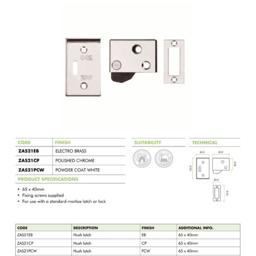 Hush Latch 65 x 40mm Silent Closing Door Latch Durable Hardware for Smooth Quiet Operation Fixings Included 7 zas21 datasheet