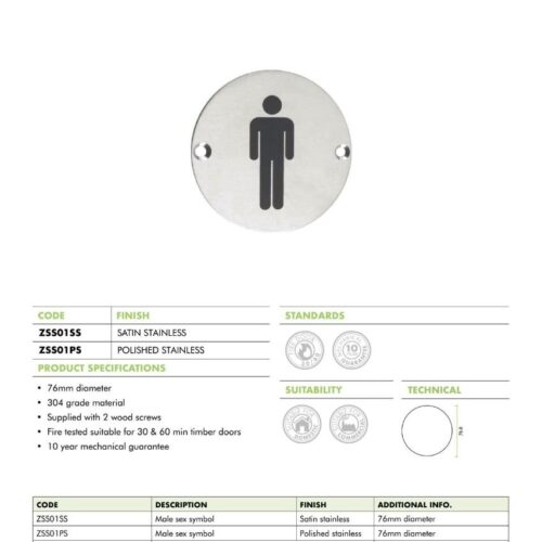 Male Sex Symbol 76mm Diameter Door Sign Durable Restroom Indicator 6 zss01 datasheet 1