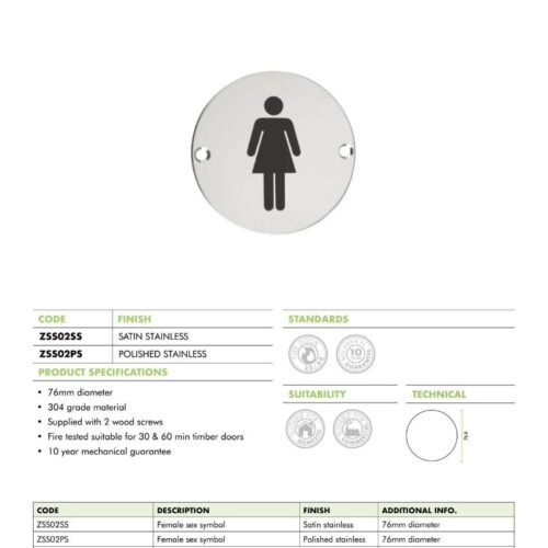 Female Sex Symbol 76mm Diameter Door Sign Durable Modern Restroom Indicator 6 zss02 datasheet 1