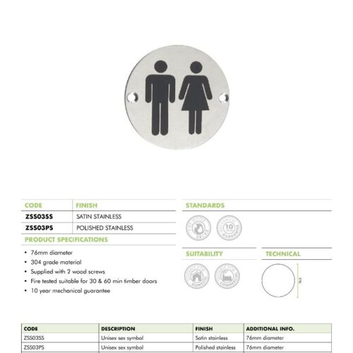 Sex Symbol Unisex 76mm Diameter Door Sign Durable Modern Restroom Indicator 6 zss03 datasheet