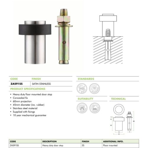 Alternative view of Door Stop Anchored Heavy Duty – Round Collared Flat Top – 60mm Dia – Fixings Included