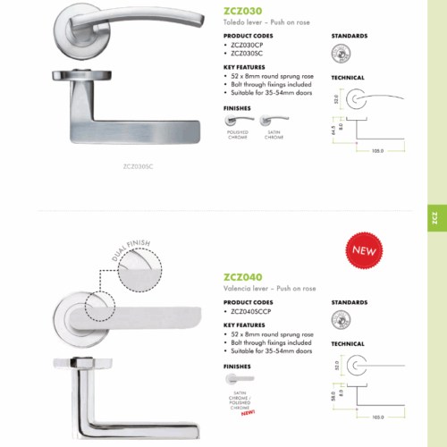 Toledo Lever Handle on 52mm x 8mm Round Sprung Rose Sleek Modern Internal Door Handle Design 5 ZCZ030 040