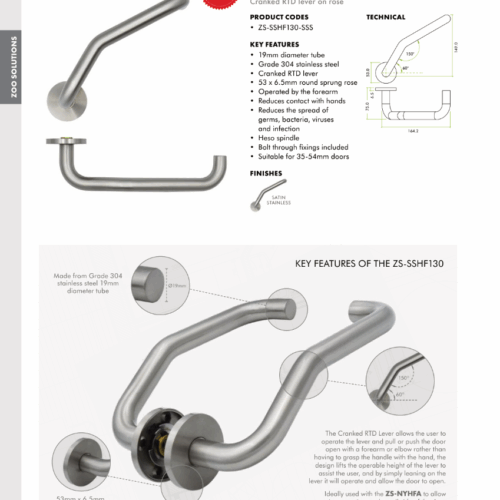 Anti Germ Cranked Return to Door Lever on 6.5mm Rose Stainless Steel Door Handle 9 ZS SSHF130 DATA
