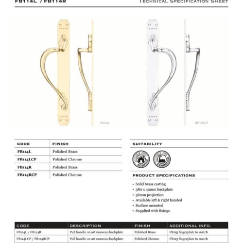 Pull Handle on Art Nouveau Backplate Left Hand 377mm x 42mm Elegant Vintage Door Hardware 5 fb114 datasheet 1 1