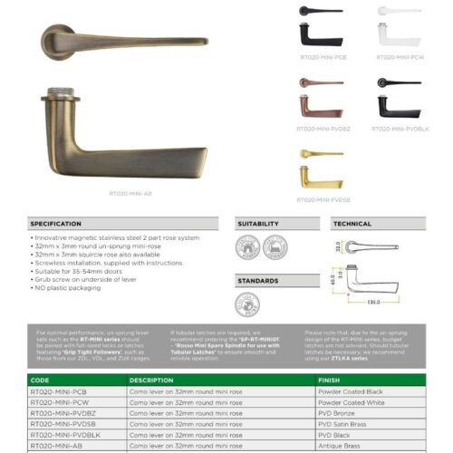 Como Lever on 32 x 3mm Round Unsprung Mini Rose Stainless Steel Door Handle Fixings Included 5 rt020 mini datasheet