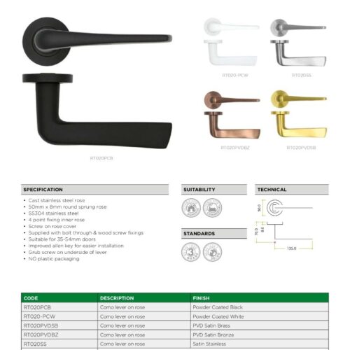 Como Lever on 50 x 8mm Round Sprung Rose Stainless Steel Door Handle Fixings Included 5 rt020 datasheet