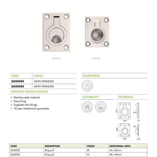 Flush Ring Pull 48 x 38mm Stainless Steel Recessed Door Handle 6 zas42 43 datasheet 1