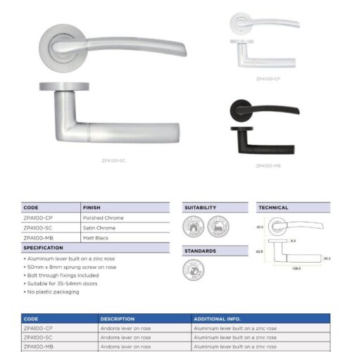 Andorra Lever on Rose 50 x 8mm Round Sprung Rose Stainless Steel Door Handle Fixings Included 5 zpa100 datasheet