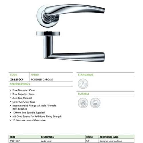 Vesta Lever Handle on 50mm x 8mm Round Sprung Rose Contemporary Sleek Internal Door Handle Design 6 zpz210 datasheet