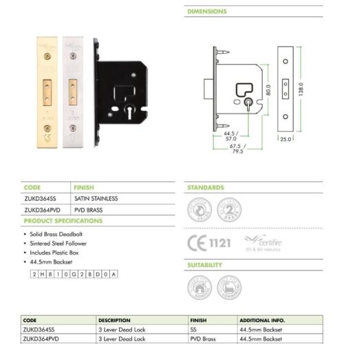 Alternative view of 3 Lever Dead Lock 64mm Complete with PVD Forend and Strike Interior Door Lock